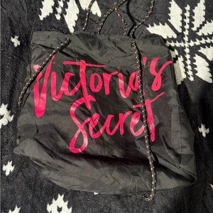Victoria's Secret Black Nylon Packable Drawstring Tote Bag with Pink Script Logo